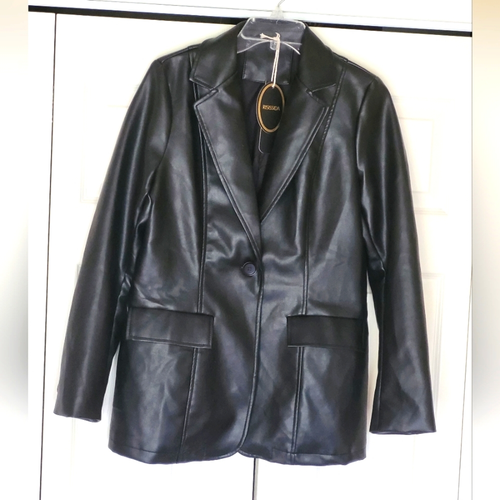 Risissida Women's Faux Leather Blazer Jacket Size Small Black